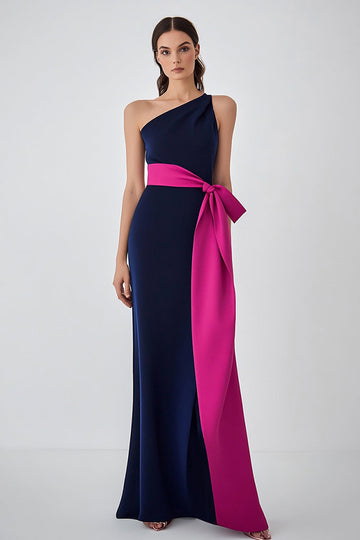One Shoulder Navy Fuchsia Sheath Formele Jurk met Riem